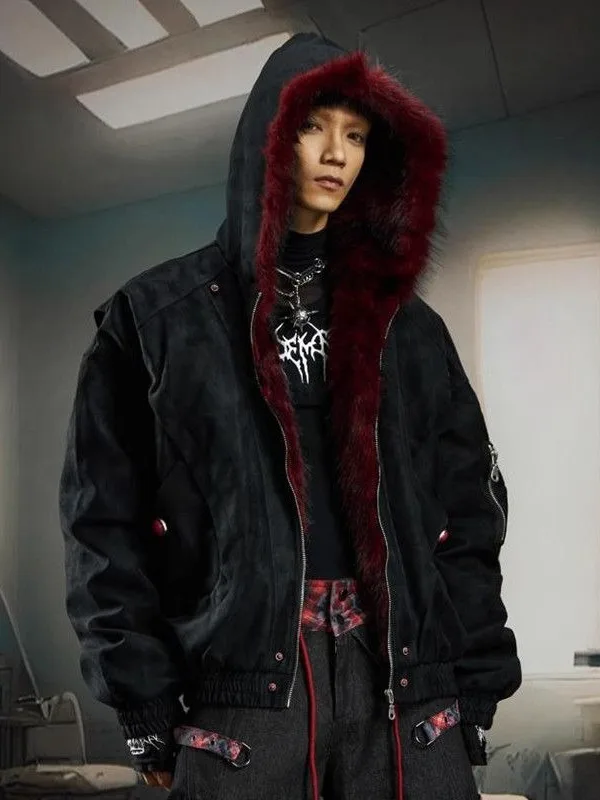 Red Raccoon Fur Lined Hood Bomber Jacket Men Faux Suede PU Leather Padded Coat Vintage Punk Oversized Warm Winter Outerwear