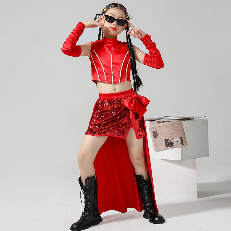 Children Clothing Red Tops Sequins Skirts Trailing Suit Girls Jazz Dance Costumes Hip Hop Performance Show Stage Wear DQS14741