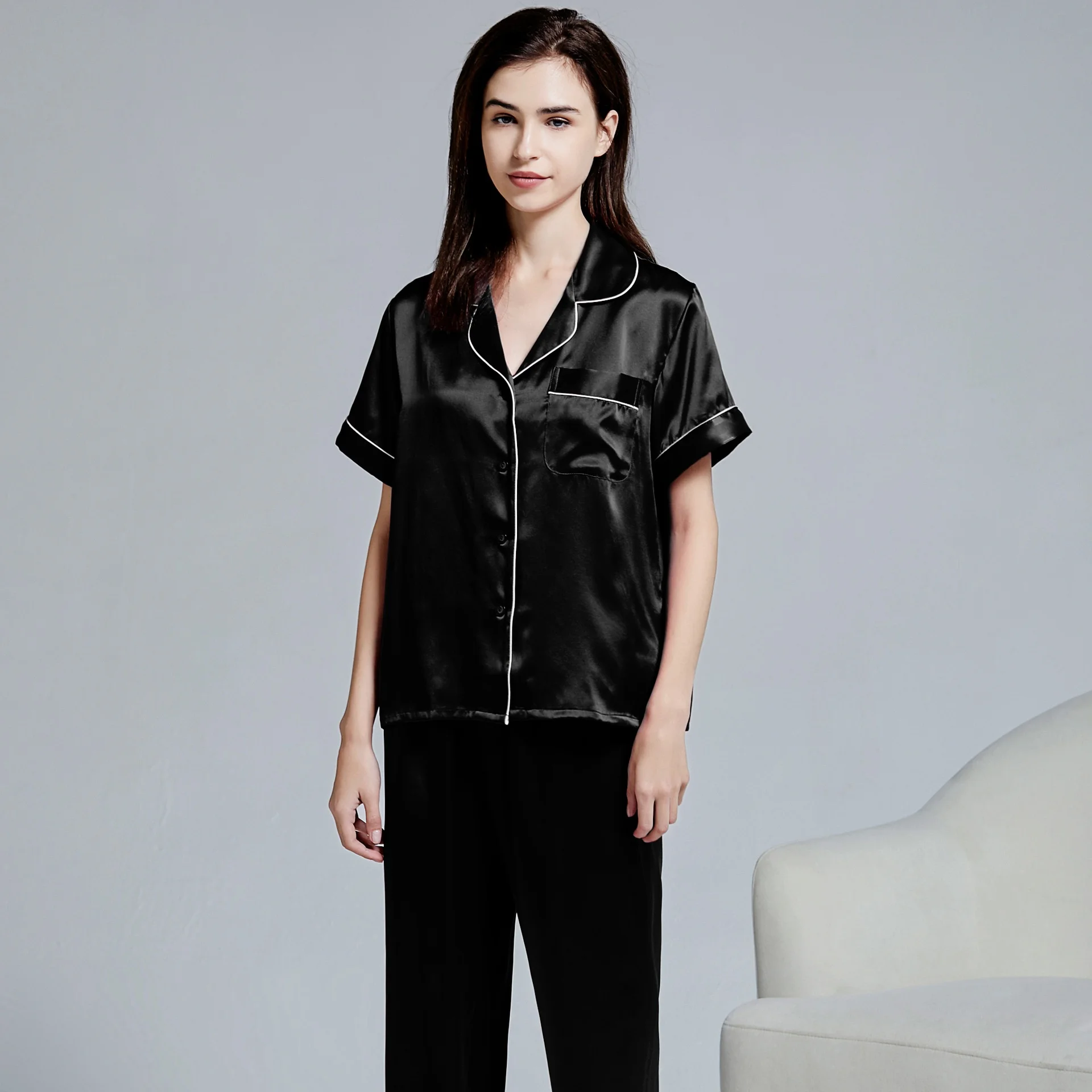BirdTree, 16MM 100% Silk Pajamas Set, Lapel Homewear, Women's Casual Clothes, Short Sleeve Long Pants, 2026 Spring New P63304JF