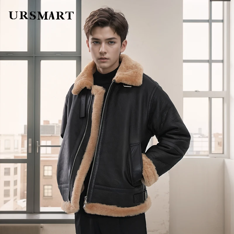 Leather and fur integrated men\'s leather jacket British trend thickened warmth winter new product sheep leather custom coat men