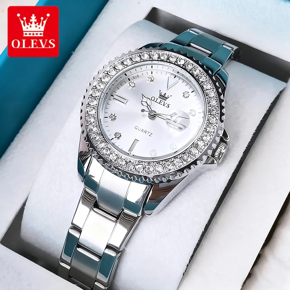 OLEVS Womens's Watches Trend Fashion Stainless Steel Original Quartz Wristwatch for Lady Big Date Diamond Bezel Waterproof New