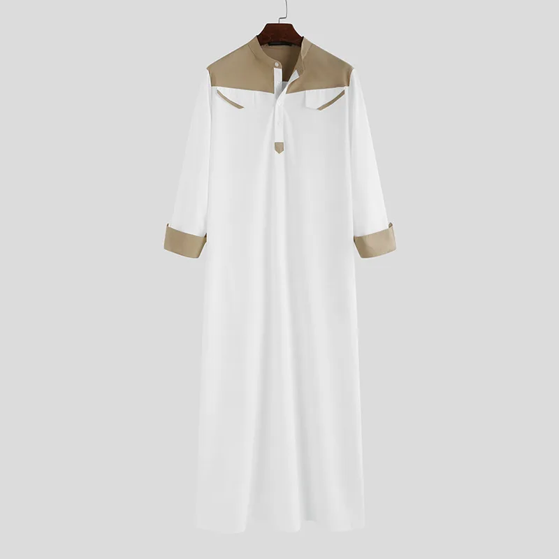 Abito da uomo musulmano del sud-est asiatico patchwork allentato colorblocked in piedi con risvolto porta manica lunga abito Amazon Medio Oriente Nuovo