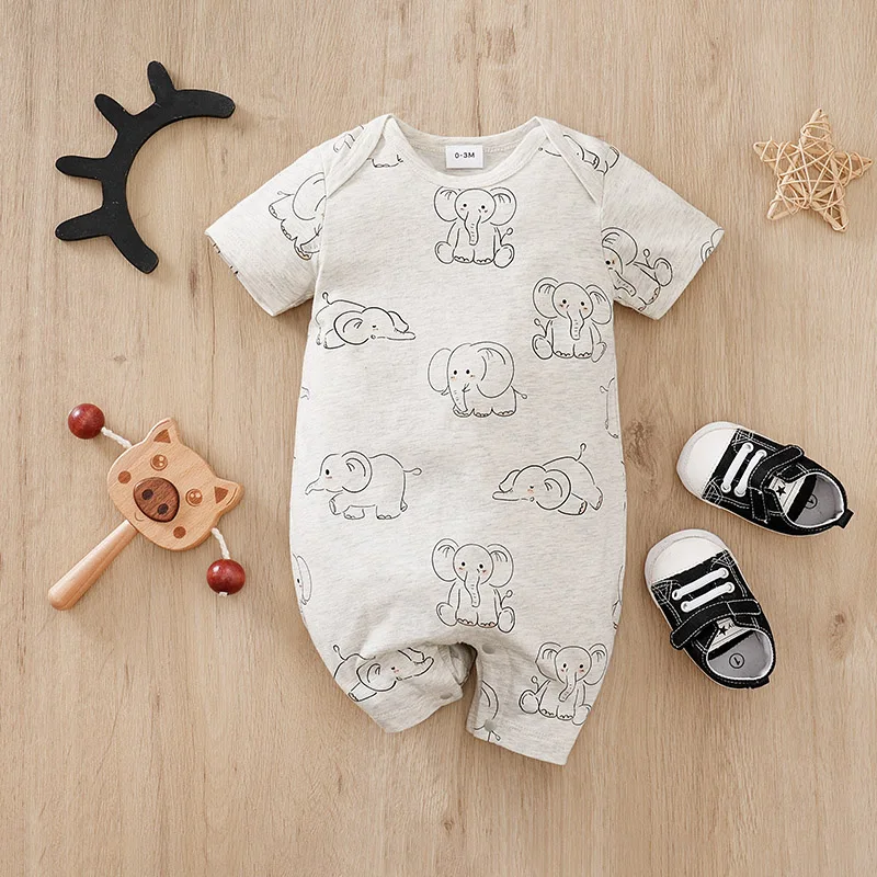 Summer Boys and Girls Cute Cartoon Elephant All Cotton Comfortable Casual Round Neck Short Sleeve Baby Bodysuit