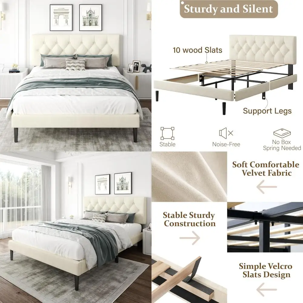 

Upholstered Headboard Full Size Bed Frame with Button Tufting, Wooden Slat Support, No Box Spring Required, Easy Assembly