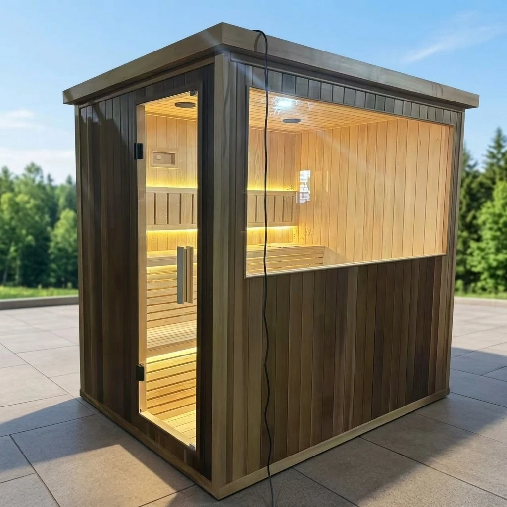 High End Luxury Modern Outdoor Wood Sauna with Hemlock & Red Cedar 4 Person Capacity Dry & Wet Steam