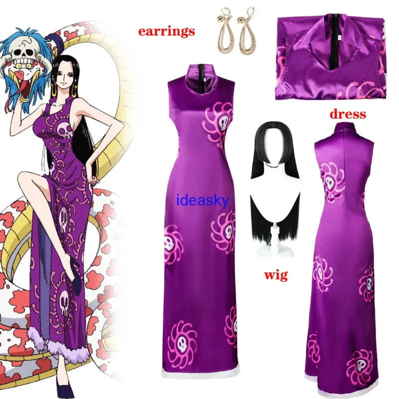 Seven Warlords Of The Sea Boa Hancock Empire Snake Cosplay Costume Halloween Purple Qipao Cheongsam Dress Woman earrings Wig AS3