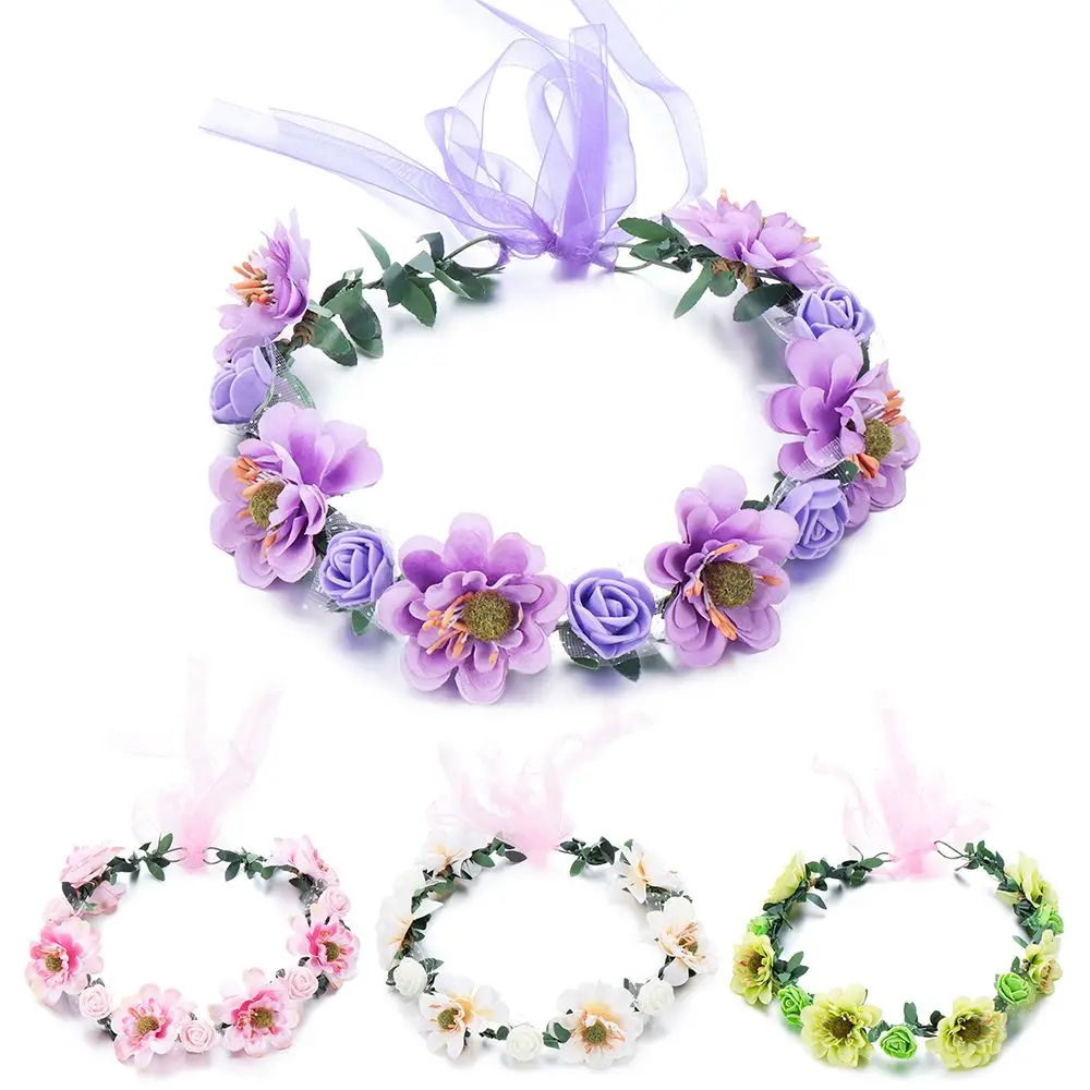 Flowers Leaves Headbands with Adjustable Ribbon Girls Floral Wreath Bohemia Garland Bridal Halo Headpiece Rose Flower Crown