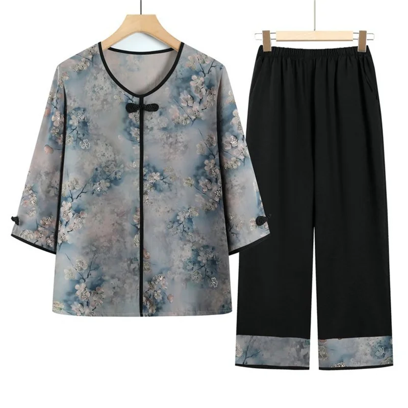XL-5XL Knit Cotton Pajamas For Women Printed Retro Middle Aged Mother Clothing Spring Autumn Casual Home Sleep Two Pieces Set