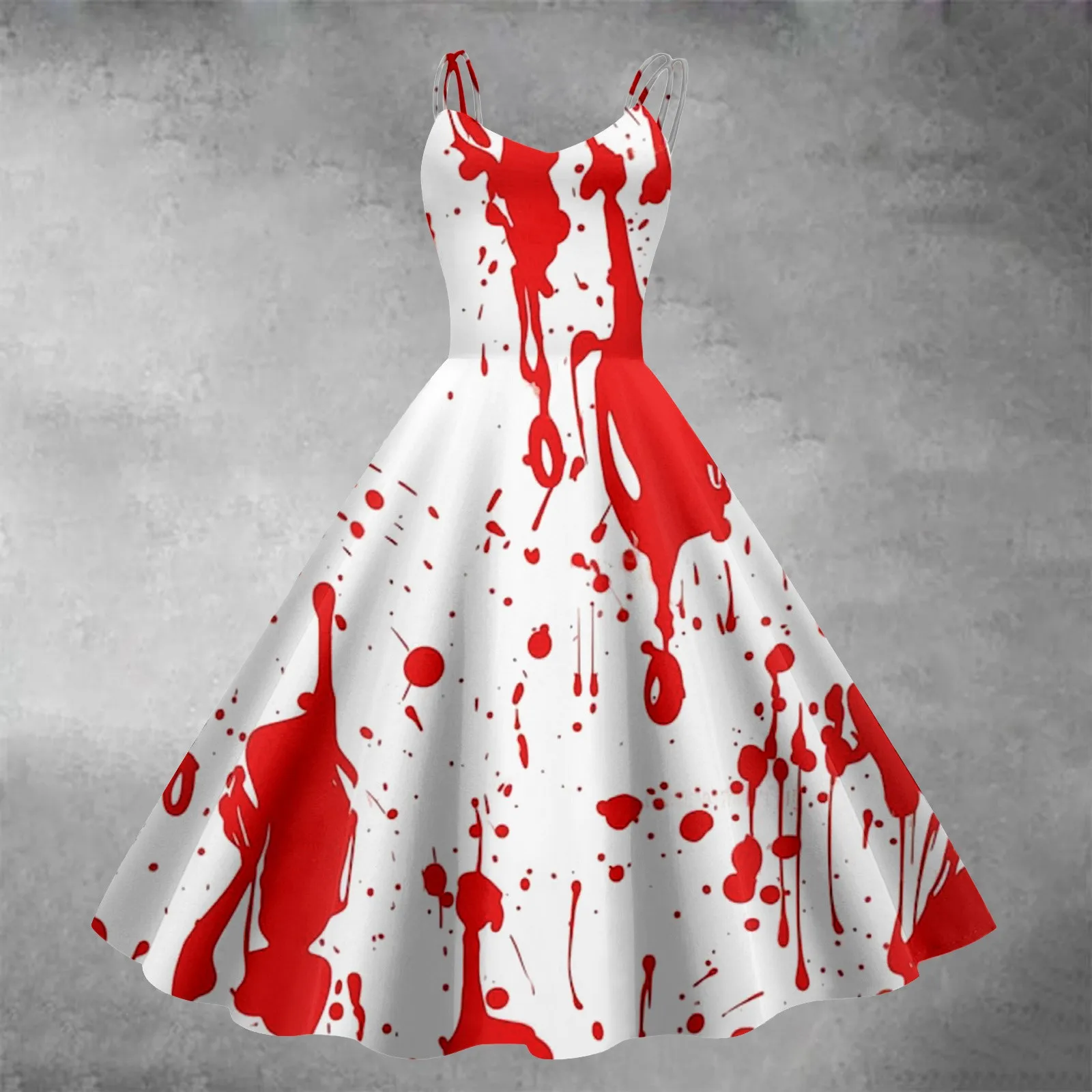 Ghost Bride Bloody Print Slings Dress Sexy Elegant Halloween Cosplay Party Costume Funny Print Sleevelss A-Line Swing Vestidos