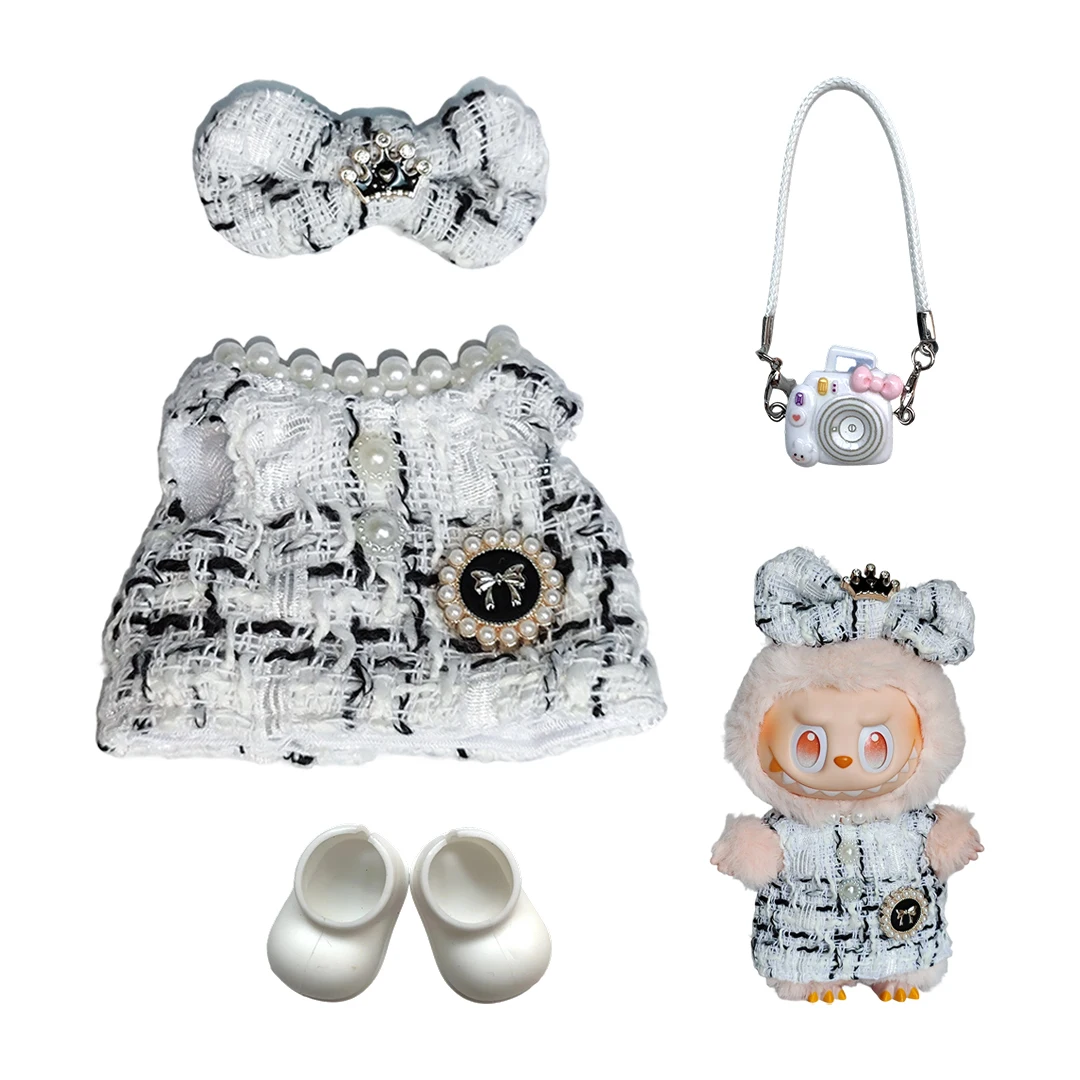 

17cm Labubu Doll Outfit Set White Tweed Dress Bow Headband Camera Bag Shoes Cute Plush Doll Clothes Fashion Accessories DIY Gift