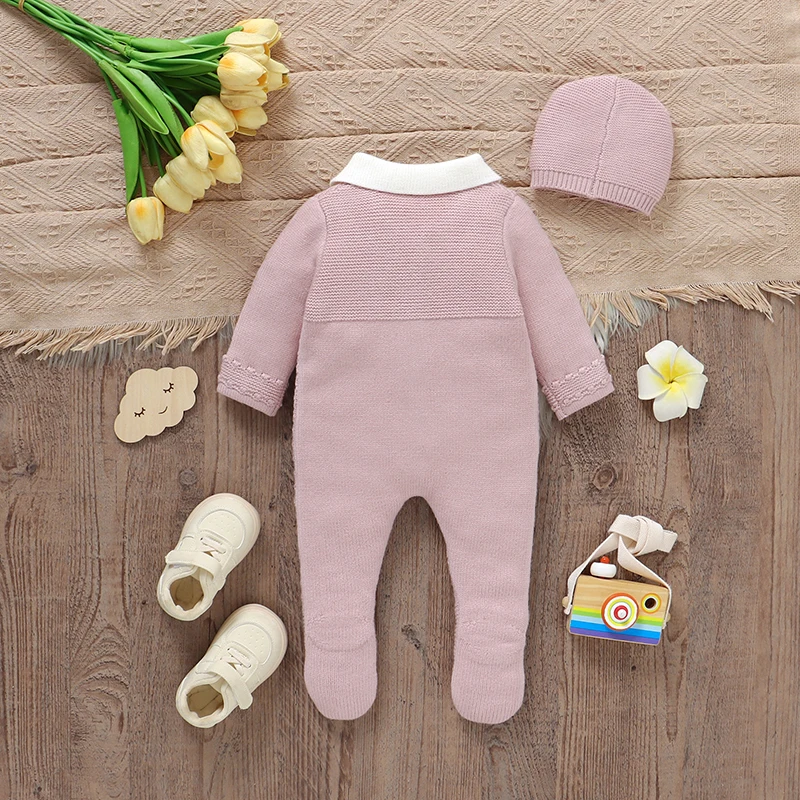 Baby Romper Knit Infant Child Clothes Hat 0-9M Fashion Solid Newborn Girl Jumpsuit Long Sleeve Overalls Pantyhose 2pcs Foot Warp