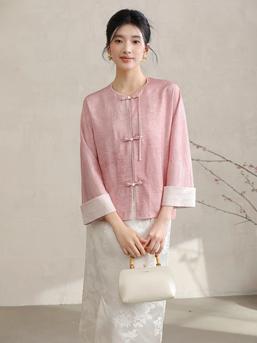 

Ele Pink Chinese Sle Jaet Women's Gentle Collar Button up Top Spring New Arrival Soft Aosphere Traditional round Ne