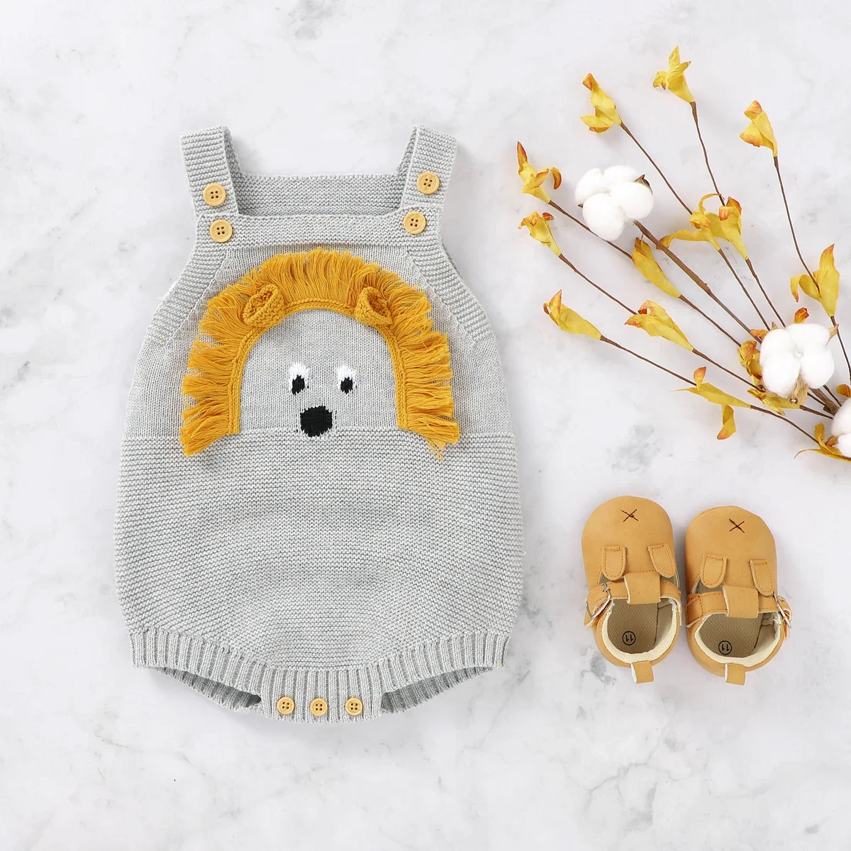 Baby Bodysuit Baumwolle stricken Säugling Mädchen Jungen Overall niedlichen Cartoon Löwe Kind Kleidung Neugeborenen Overalls ärmel los 0-18m Stram pler Kind