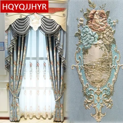 European Top Luxury 3D Blue Pink Jacquard Blackout Curtain For Living Room With Embroidered Voile Curtain Valance For Bedroom