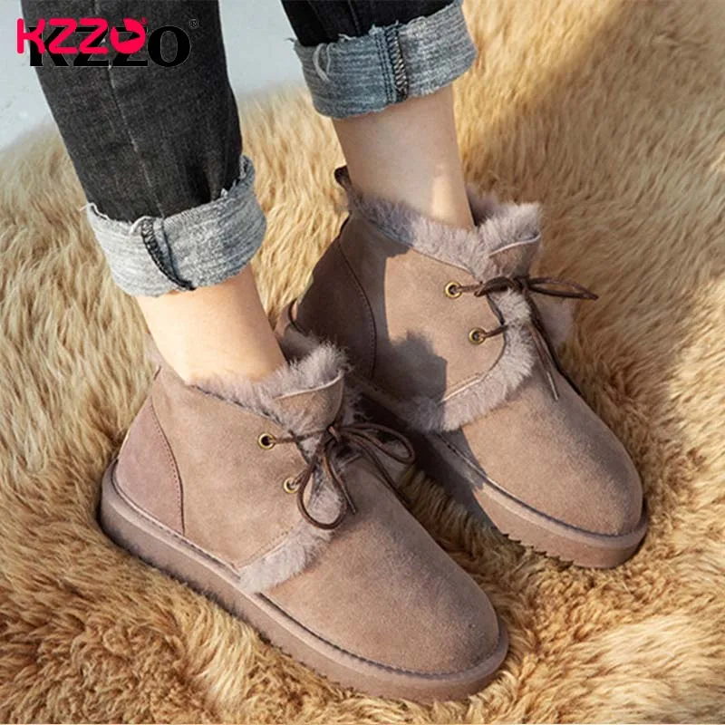 KZZO Real Sheepskin Leather Lace-up Boots For Women  Natural Wool Fur Lined Australian Ankle Winter Flat Boots Warm Casual Shoes