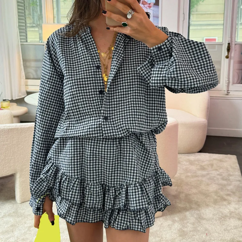 WPNAKS Women 2 Piece Short Sets Spring Autumn Clothes y2k Cute Lolita Long Sleeve Button Plaid Tops Tiered Ruffle Skirted Shorts