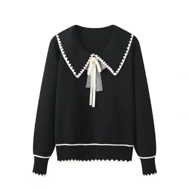 سترة محبوكة بياقة دمية حلوة للنساء مع شريط طويل بعقدة Sve بالإضافة إلى حجم التخسيس متعدد الاستخدامات للخريف والشتاء...