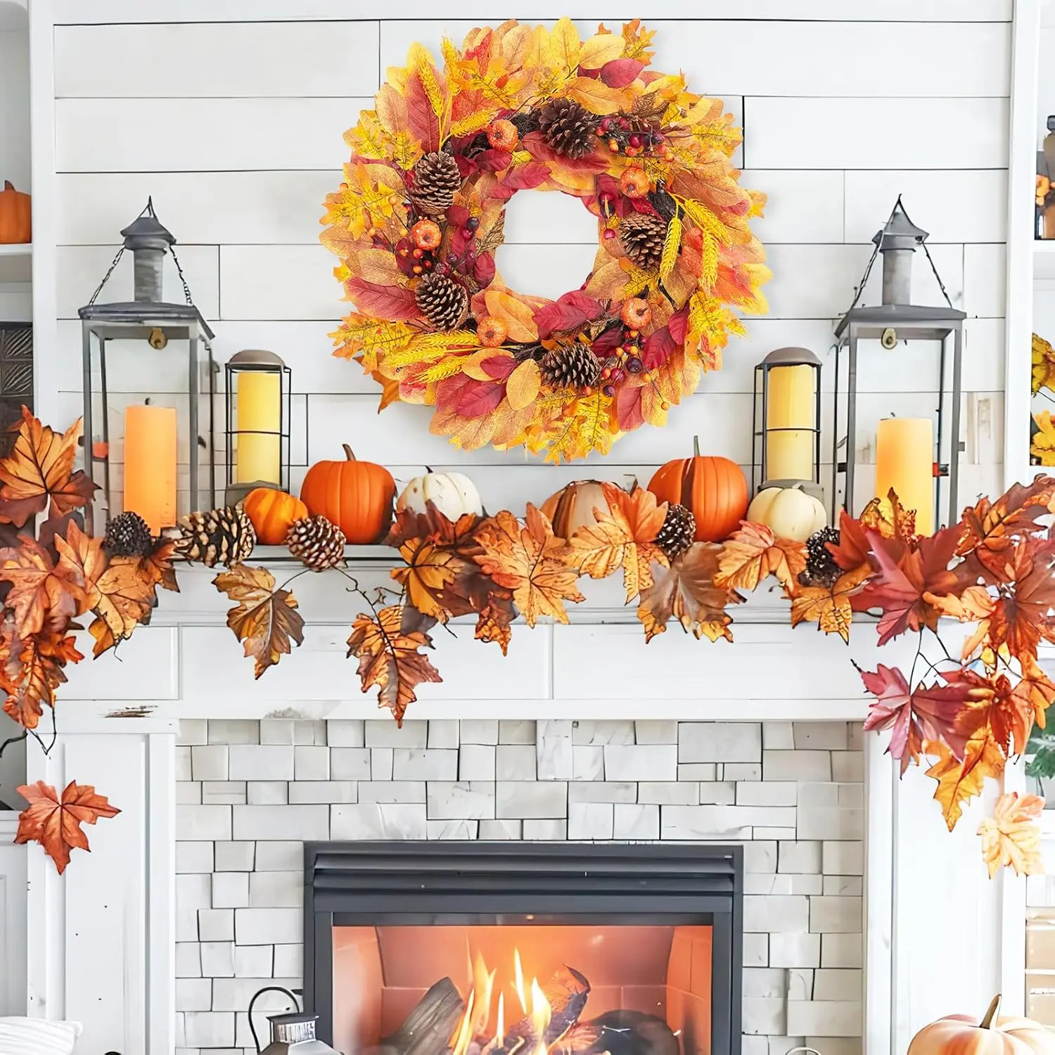 Couronne artificielle de porte d'entrée d'automne avec citrouilles, feuilles d'érable, baies, blé, couronne orange d'automne pour mur de porte d'entrée, 24 po