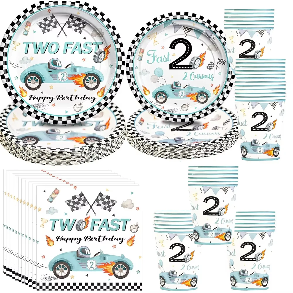 Racing Car Disposable Tableware Two Fast Party Plate Cup Napkin Tablecloth Two Fast Birthday Party Decor for Boy's 2nd Birthday