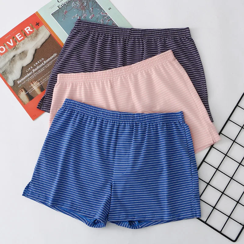 Blue Striped Cotton Shorts Woman Summer New Elastic Waist Straigt Short Pant Female Vintage Sweet Home Cozy Casual Underwears