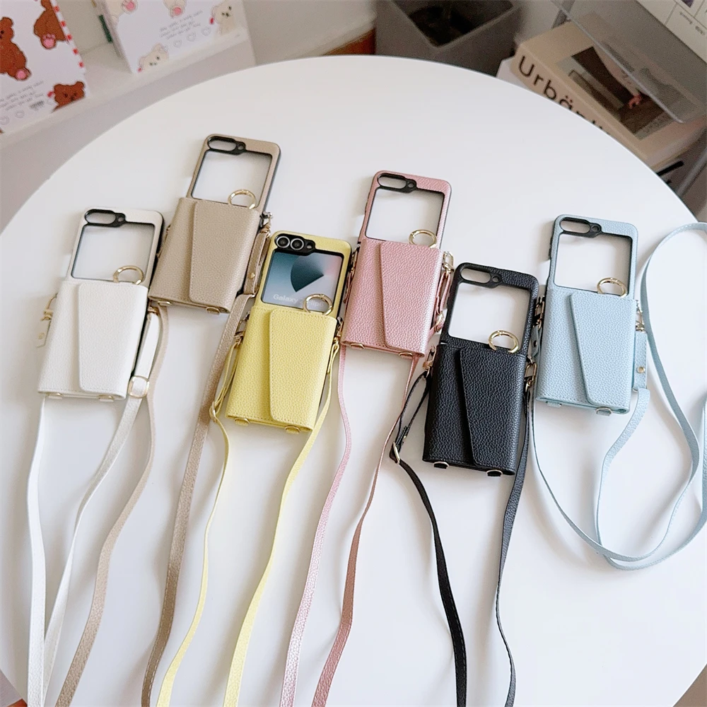 Crossbody Strap Lanyard Leather Wallet with Card Holder Phone Case for Samsung Galaxy Z Flip 6 5 4 3 Shockproof Bumper Cover