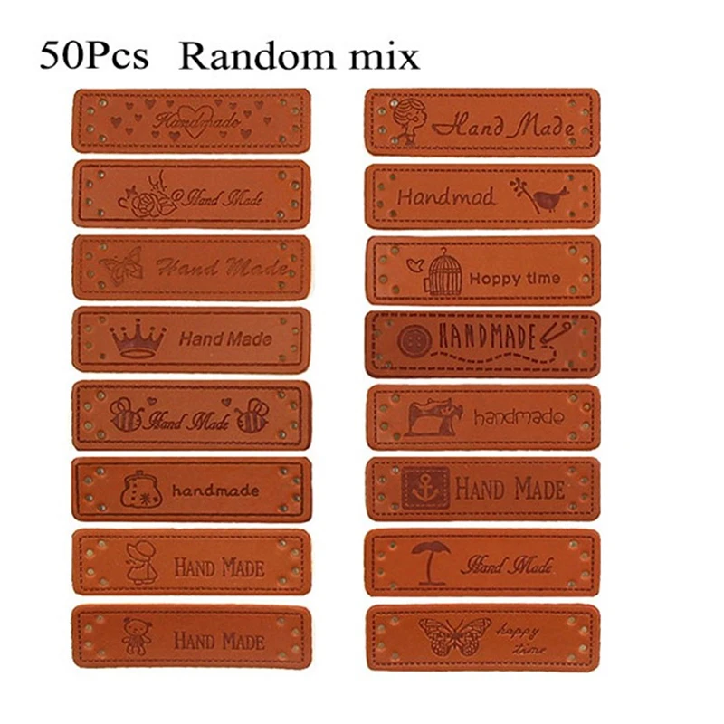 50Pcs Brown Handmade Garment Tags Labels PU Leather Labels For Jeans Bags Shoes Making Supplies 1.5*5cm