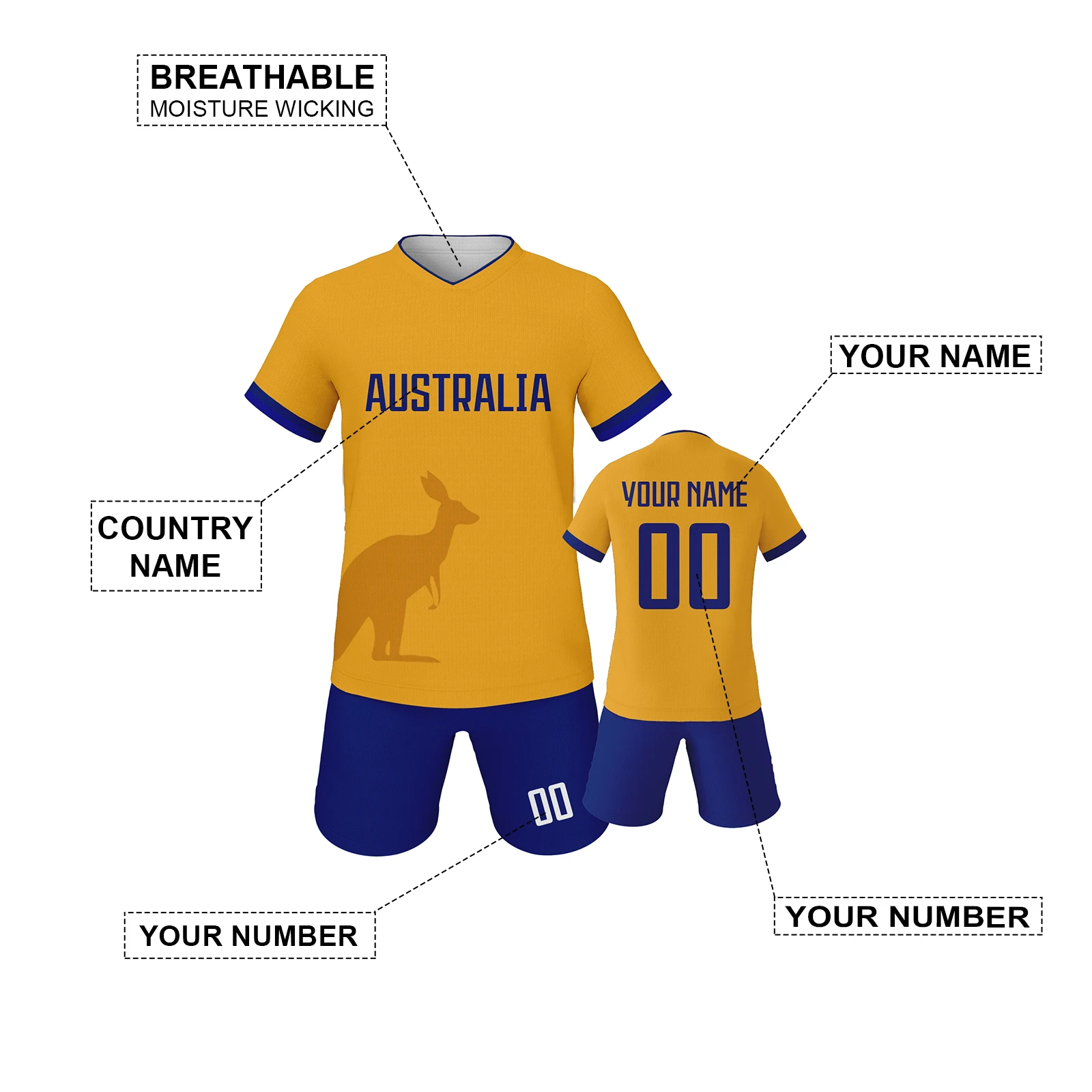 

Custom Australia Soccer Jersey Kit for Kids Short Sleeve and Shorts Personalized with Name Number Breathable Sports Uniform