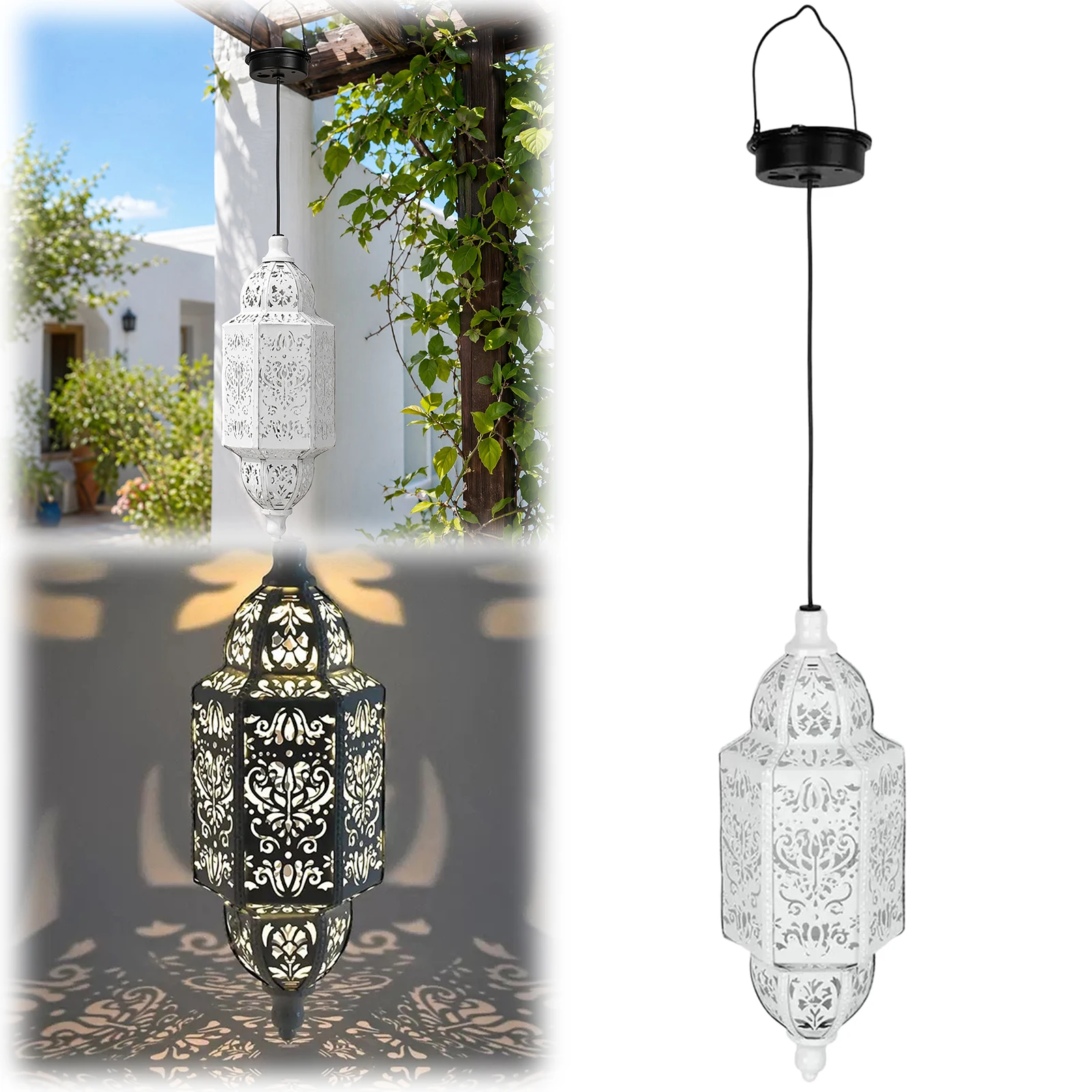 Solar Lanterns Outdoor IP44 Waterproof, Hanging Solar Lights with Hollow Out Shade - LED Metal Wall Mount Outdoor Light for Yard
