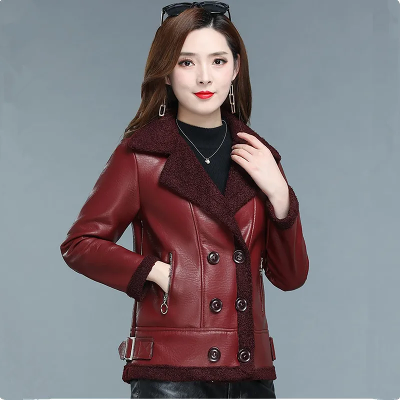 UHYTGF 5XL Jacket Women Double Breasted Plush Warm Short Leather Outewear Female Quality PU Leather Autumn Winter Coat Ladie 202