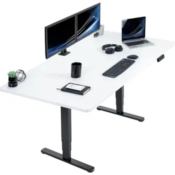 電気高さ調節可能なメモリスタンドアップデスク、白いテーブルトップ、プレスコントローラー付きの黒いデュアルモーターフレーム、71 x36インチ
