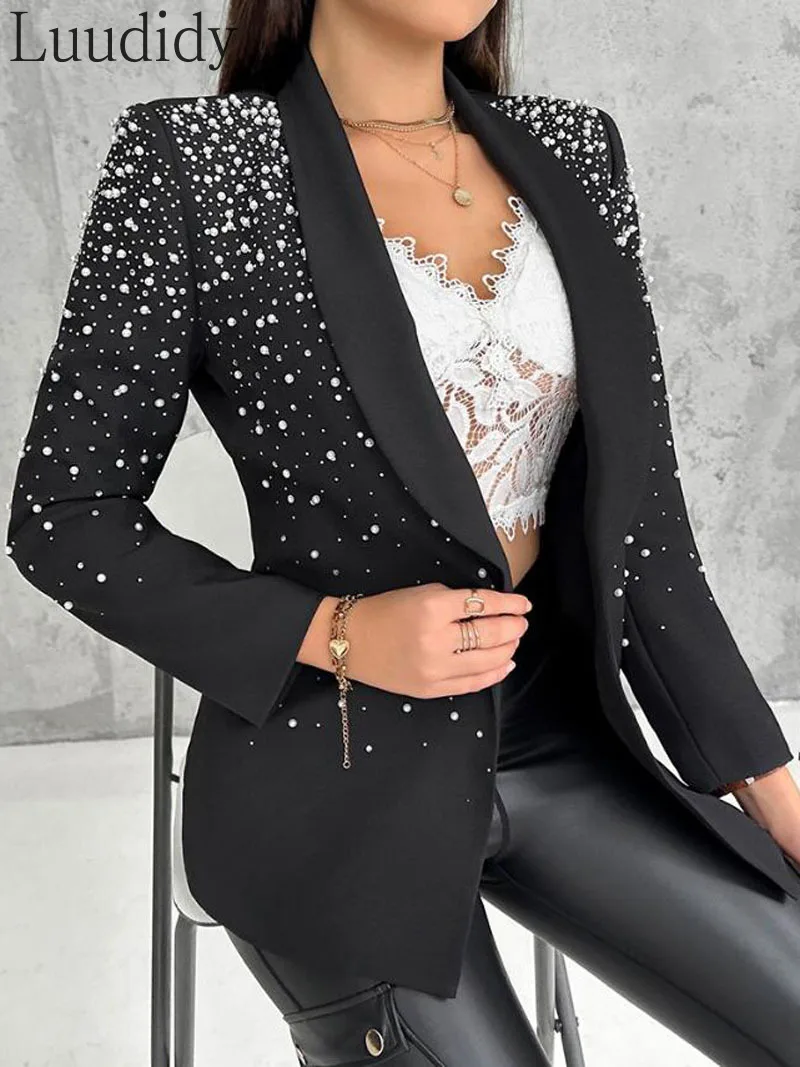 Women Elegant Solid Color Long Sleeve Beaded Shawl Collar Blazer Coat