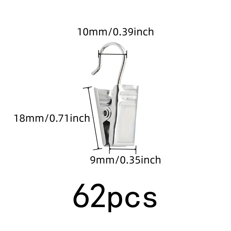 Open-End Curtain Clips 62 pcs, Rust Resistant Metal, Strong Secure Grip, for Small Item Hanging, Multipurpose