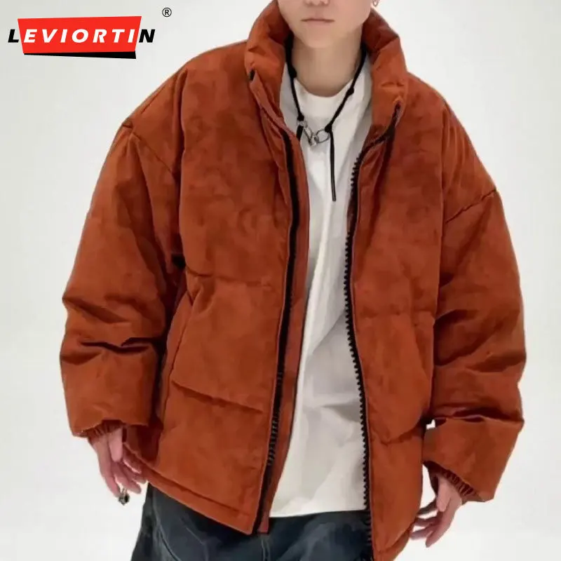 2024 Winter New Stand up Men's Bread Robe Maillard Trendy Versatile Fashion Loose Warm Thick PU Suede Down Jacket  S-2XL