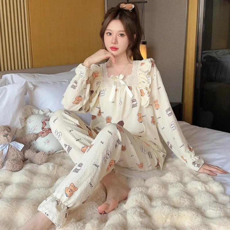 110kg Large Size Pajamas Set Women Spring Sweet Cartoon Long-sleeved Trousers Outer Wear Korean Youth Chic Sleepwear Loungewear