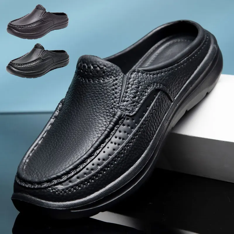 

Waterproof Chef Shoes Men Leather Casual Shoes Business Driving Shoes Thick Soled Comfortable Slip on EVA Black Plus Size 40-46