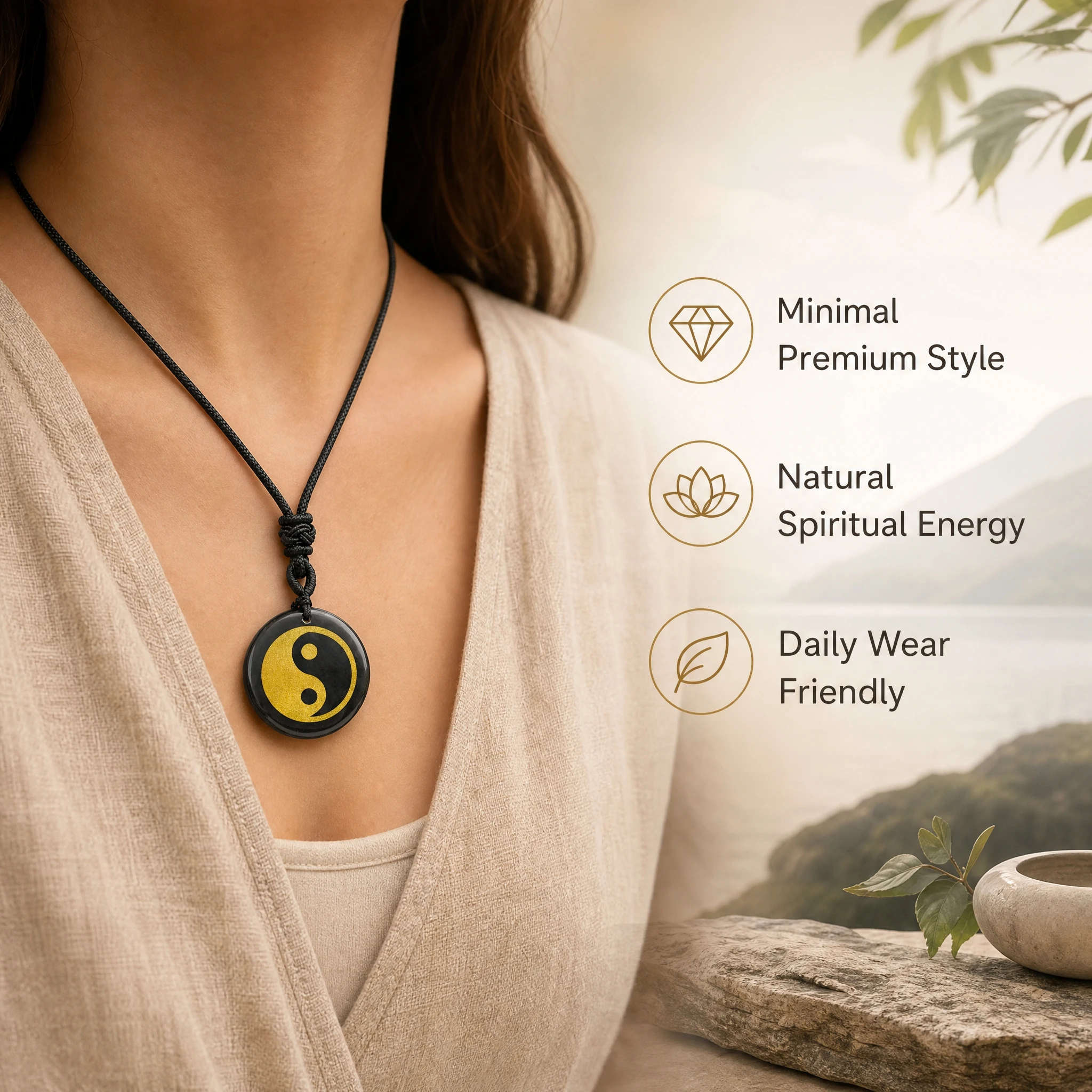 Tai Chi Yin Yang Natural Gemstone Pendant Necklace Balance Energy Amulet Round Bagua Symbol Adjustable Braided Cord Spiritual Jewelry Gift