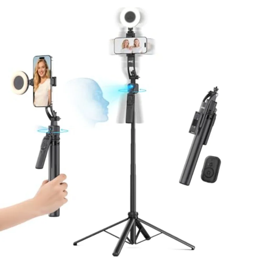 Gadget Auto Face Tracking Tripod for iPhone/Cell Phone/Android/Camera with Light and Remote 64 No App 360 Rotating Tripod Selfi