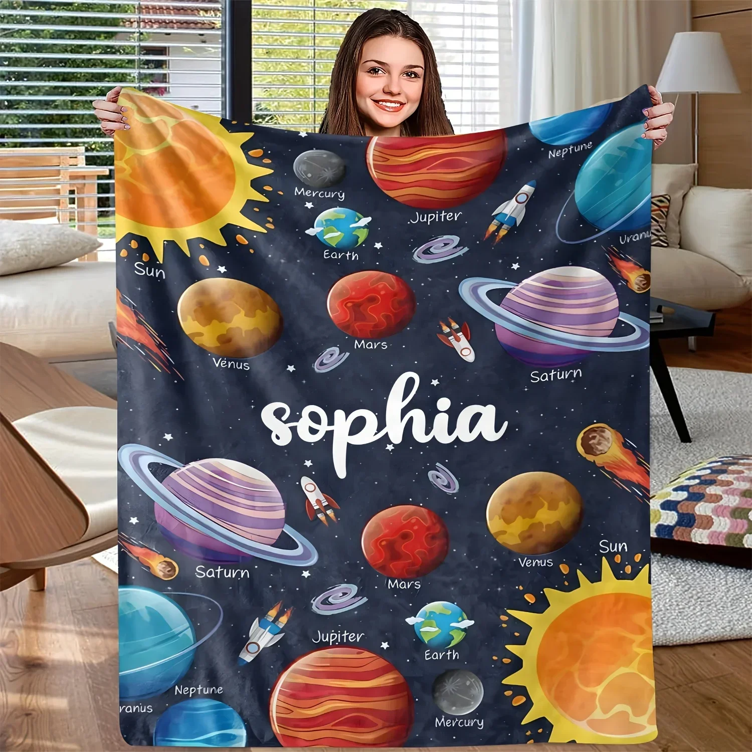 Personalized Custom Name Space Planets Throw Blanket - Soft 100% Polyester Flannel Fleece with Digital Print, All Seasons Lodge