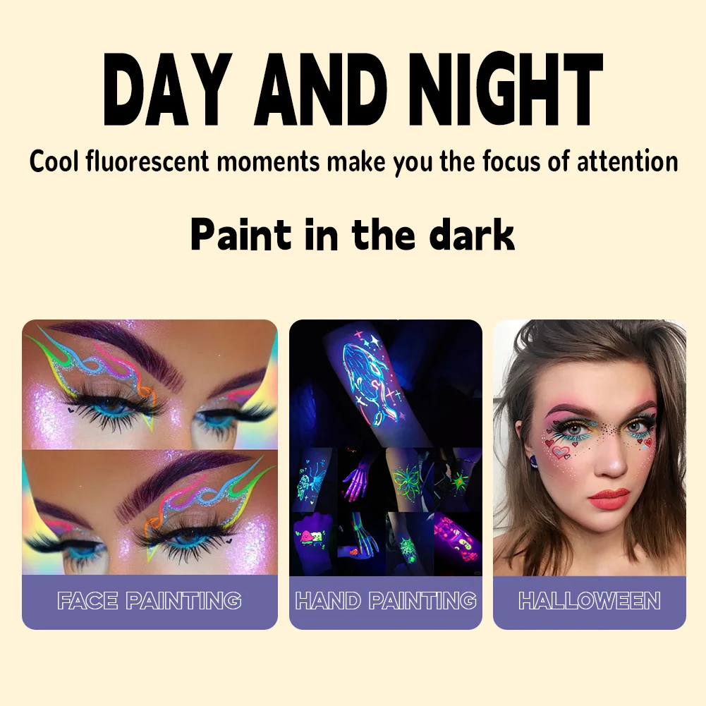 UV 형광 페이스 및 바디 페인트, 어둠 속에서 빛나는 화장품, 할로윈, 카니발 및 파용 속건성 세탁 가능 페인트