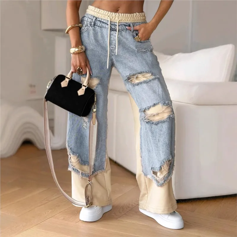 Trendy Large Hole Patchwork Drawstring Low Waist Pockets Denim Pants Spring Autumn Women's Casual Street Lady Straight Leg Pants