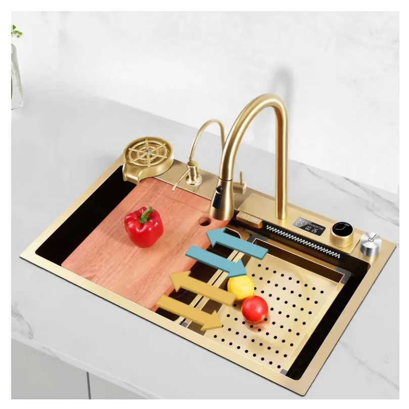 Black Nano SUS 304 Flying Rain Digital Display Single Bowl Kitchen Sink with Modern Design and Multifunctional Features