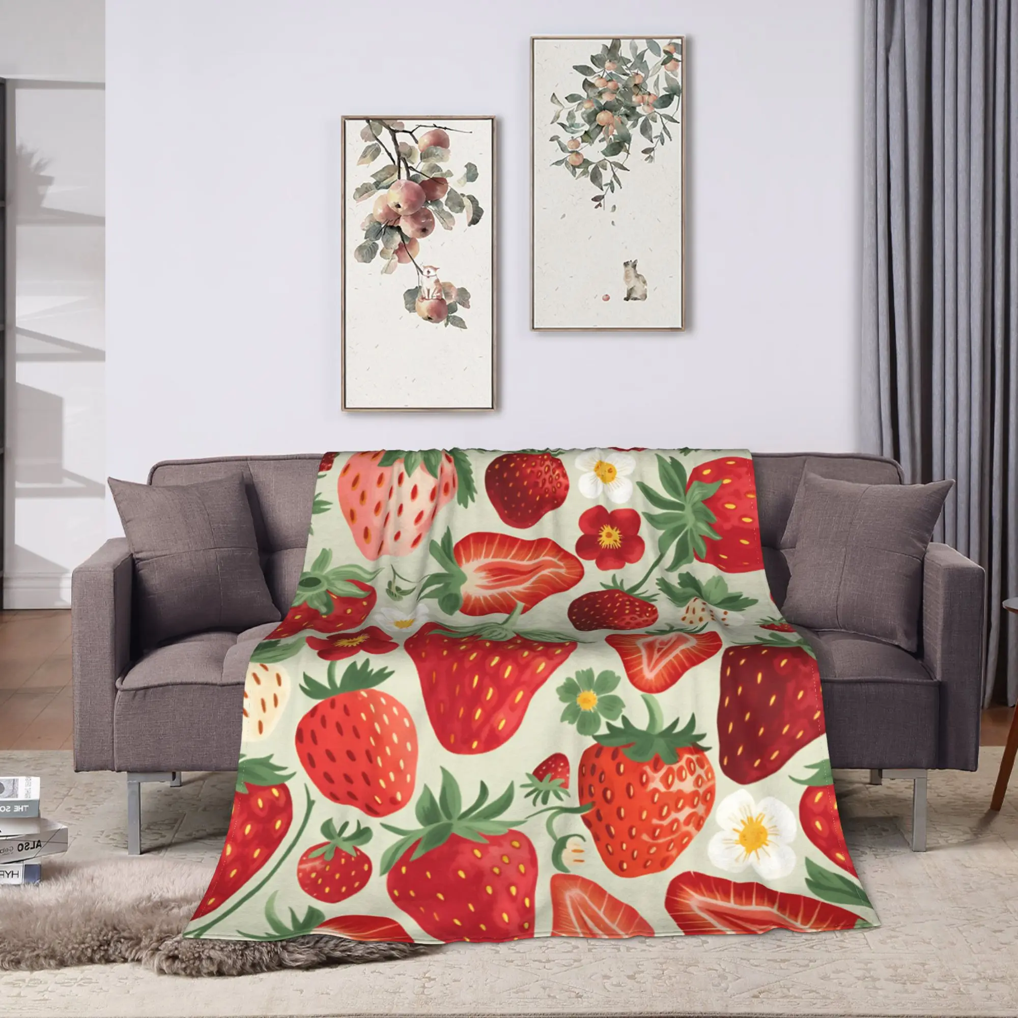 Strawberry Seamless Pattern Vintage Hand Drawn Throw Blanket Warm Cozy Funny Blanket  For Home Decor Flannel Bedspread Bed Cover