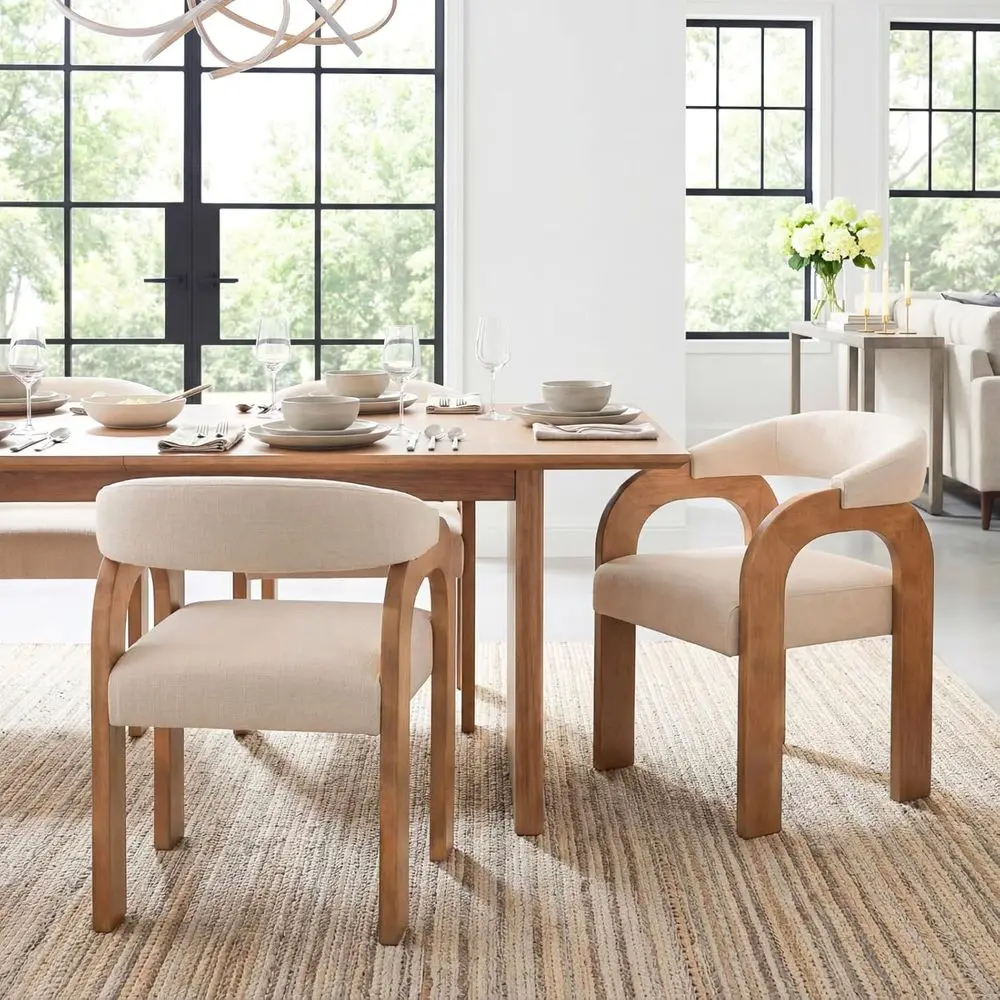 

Upholstered Dining Chairs Set of 2 with Linen Cushions, Curved Wooden Arms for Kitchen or Dining Room (Beige)