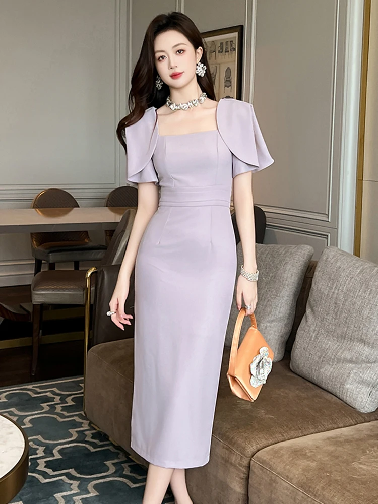 

Elegant Formal Dress for Women High Quality Celebrity Purple Slit Sleeve Robe Female Party Business OL Vestidos Banquet Clothes