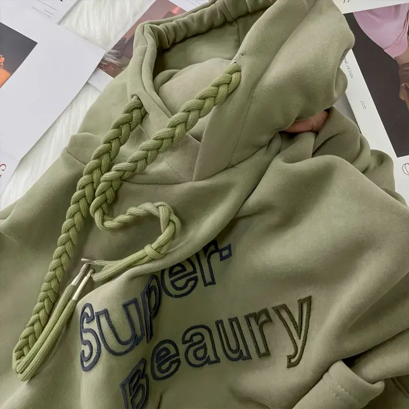 女性用フード付きスウェットシャツ,文字が刺繍されたポケット付きのゆったりとしたカジュアルなトップス,ヴィンテージのストリートウェア,高品質のオルチャン,すべてにマッチするファッション