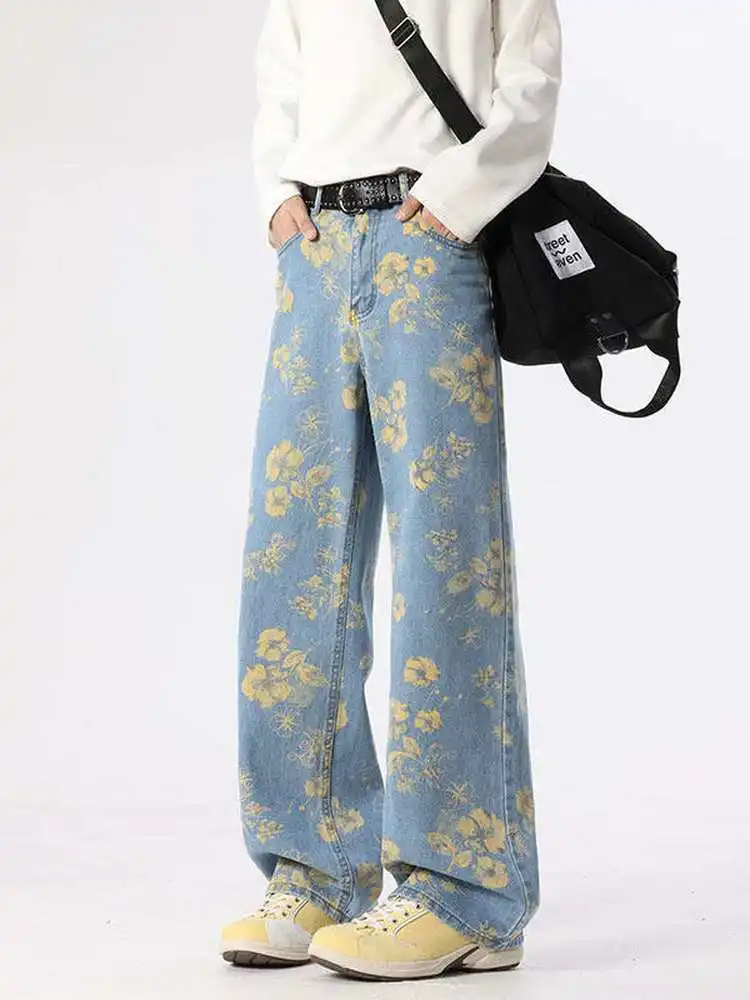 Yellow Flower Contrasting Design Men's Blue Jeans Fashion Pants Wide Leg Male Trendy Casual Streetwear Trousers