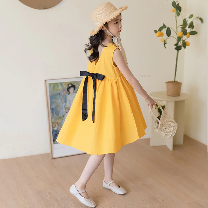 

Summer Children Girl Sleeveless Dress Teenager Girl Swallowtail Bow Princess Dress School Girl Cotton Linen Backless Vest Dress