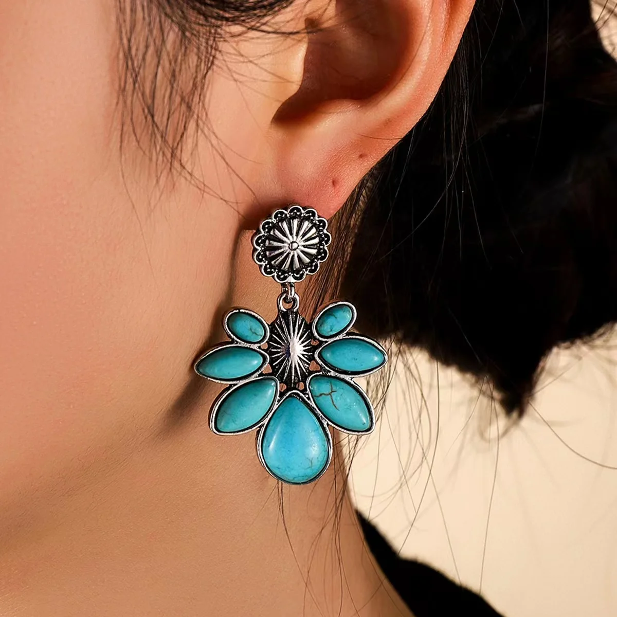 Free Shipping Vintage Natural Turquoise Dangle Earrings For Women Jewelry Trendy Stone Silver Color Party Gift