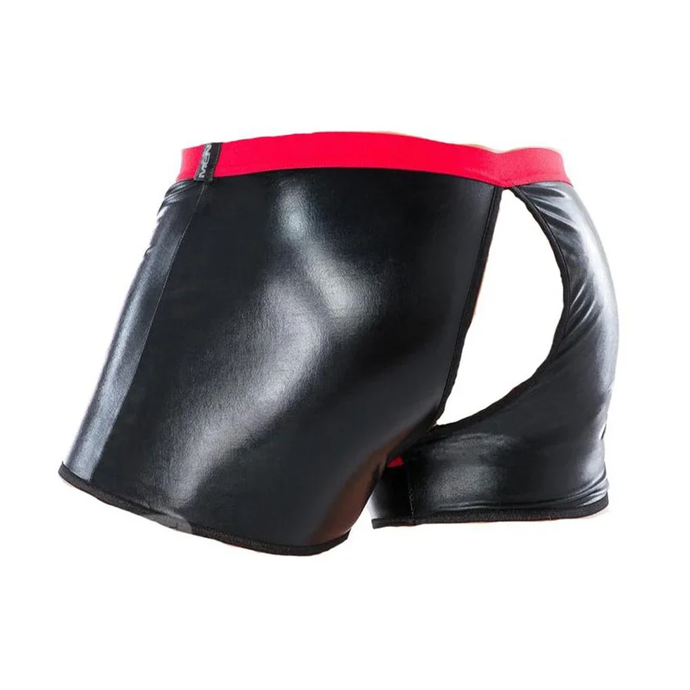 1 قطعة الرجال مفتوحة المنشعب نظرة الرطب الملاكم الملابس الداخلية منخفضة الخصر لامعة بولي Leather الجلود مع كليب جذوع الملاكمين السراويل سراويل