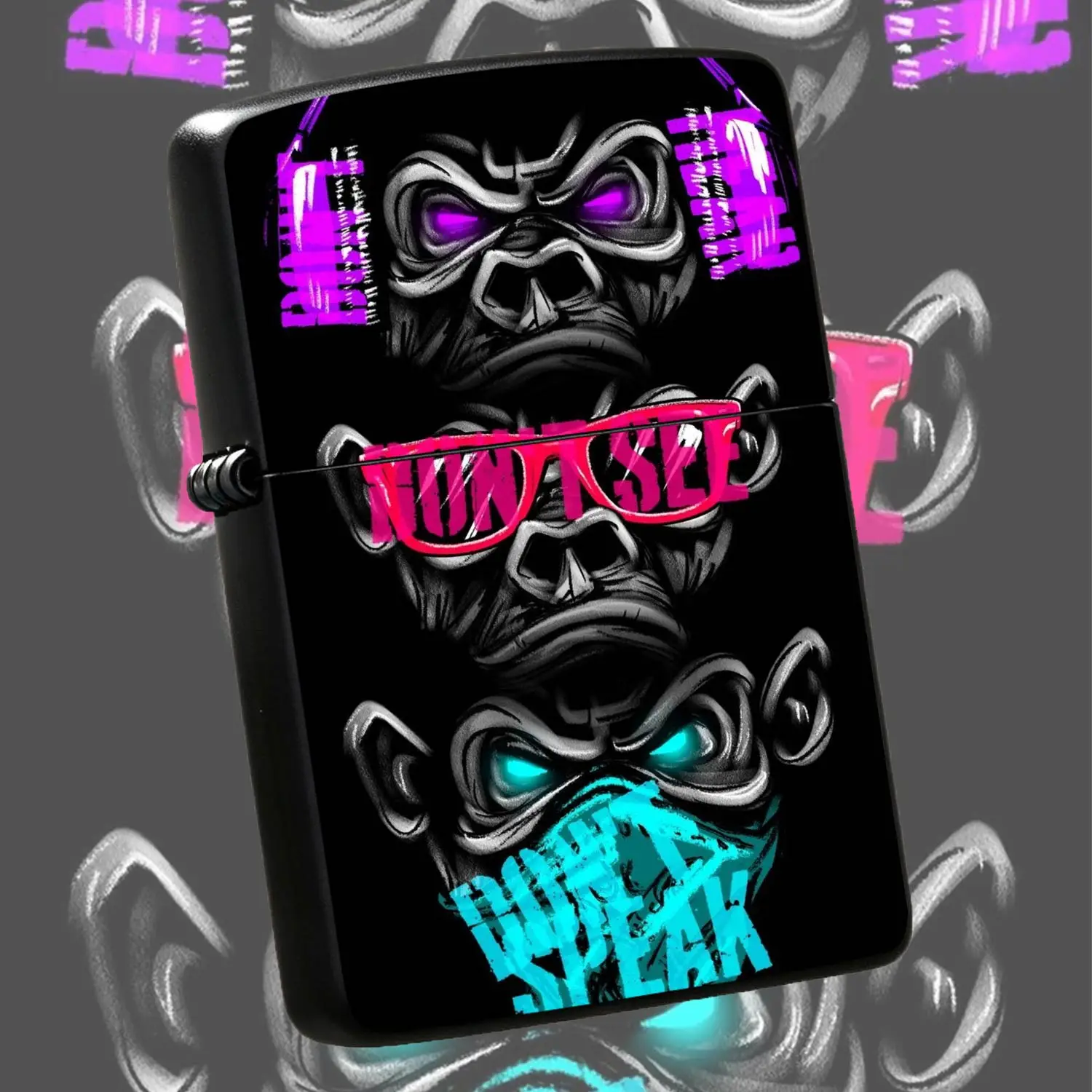 Stylish Three Wise Apes Themed Portable Igniter, Cool Neon Graffiti Art Design, Trendy Daily Accessory, Perfect For Casual Carrying, Ideal For Personal Use Gifting And Collection, Fits All Common Scenarios With Unique Eye Catching Vibe A Hu